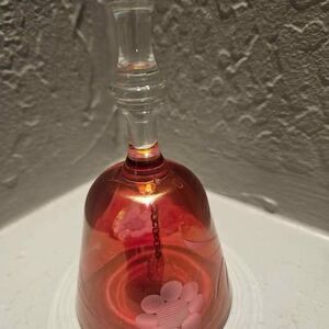 Cranberry Glass Collectors Bell Bohemian Czech Crystal with Etched Glass 5"